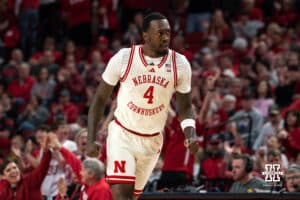 Nebraska Basketball player Juwan Gary after making a three-pointer during a college basketball game on March 09, 2025 in Lincoln, Nebraska. Photo by Logan Hock.
