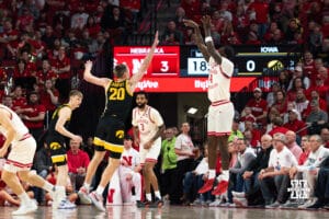 Nebraska Basketball player Juwan Gary shoots a three during a college basketball game on March 09, 2025 in Lincoln, Nebraska. Photo by Logan Hock.