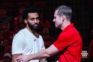 Nebraska Basketball player Brice Williams and Coach Fred Hoiberg during a college basketball game on March 09, 2025 in Lincoln, Nebraska. Photo by Logan Hock.