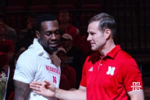 Nebraska Basketball player Juwan Gary and Coach Fred Hoiberg during a college basketball game on March 09, 2025 in Lincoln, Nebraska. Photo by Logan Hock.