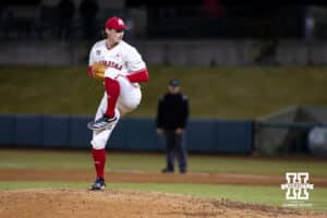 Nebraska Cornhusker pitcher Ryan Harrahill (35) throws a pitch in the nineth inning against the Wichita St. Shockers during a college baseball game Tuesday, March 11, 2025 in Lincoln, Nebraska. Photo by John S. Peterson.