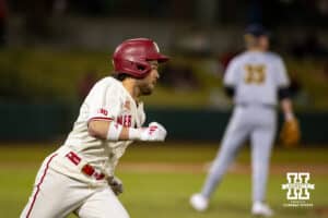 Nebraska Cornhusker Cayden Brumbaugh (0) doubles in the seventh against the Wichita St. Shockers during a college baseball game Tuesday, March 11, 2025 in Lincoln, Nebraska. Photo by John S. Peterson.