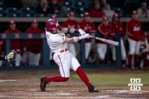 Nebraska Cornhusker Cayden Brumbaugh (0) doubles in the seventh against the Wichita St. Shockers during a college baseball game Tuesday, March 11, 2025 in Lincoln, Nebraska. Photo by John S. Peterson.
