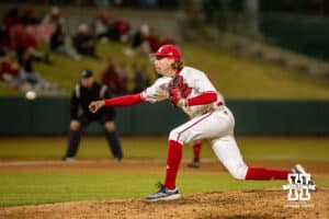 Nebraska Cornhusker pitcher Pryce Bender (6) throws a pitch against against the Wichita St. Shockers in the seventh during a college baseball game Tuesday, March 11, 2025 in Lincoln, Nebraska. Photo by John S. Peterson.