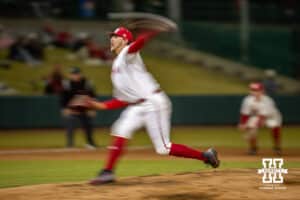 Nebraska Cornhusker pitcher Grant Cleavinger (36) throws a pitch against the Wichita St. Shockers in the sixth inning during a college baseball game Tuesday, March 11, 2025 in Lincoln, Nebraska. Photo by John S. Peterson.