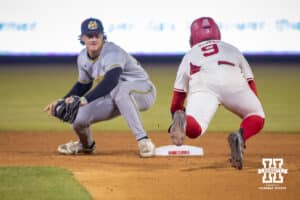 Nebraska Cornhusker Rhett Stokes (9) caught stealing against the Wichita St. Shockersin the sixth inning during a college baseball game Tuesday, March 11, 2025 in Lincoln, Nebraska. Photo by John S. Peterson.