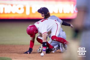 Nebraska Cornhusker Devin Nunez (16) steals second in the fifth against the Wichita St. Shockers in the fifith during a college baseball game Tuesday, March 11, 2025 in Lincoln, Nebraska. Photo by John S. Peterson.