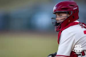 Nebraska Cornhusker catcher Will Jesske (13) looks for a signal from the dugout against the Wichita St. Shockers in the fourth inning during a college baseball game Tuesday, March 11, 2025 in Lincoln, Nebraska. Photo by John S. Peterson.