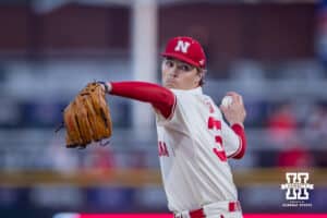 Nebraska Cornhusker pitcher Carson Jasa (39) throws a pitch against the Wichita St. Shockers in the fourth inning during a college baseball game Tuesday, March 11, 2025 in Lincoln, Nebraska. Photo by John S. Peterson.