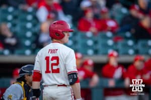Nebraska Cornhusker Cael Frost (12) prepares for his at bat against the Wichita St. Shockers in the third inning during a college baseball game Tuesday, March 11, 2025 in Lincoln, Nebraska. Photo by John S. Peterson.