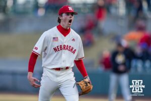 Nebraska Cornhusker pitcher Carson Jasa (39) celebrates the third out as he heads to the dugout against the Wichita St. Shockers during a college baseball game Tuesday, March 11, 2025 in Lincoln, Nebraska. Photo by John S. Peterson.
