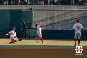 Nebraska Cornhusker second baseman Devin Nunez (16) makes an out against the Wichita St. Shockers in the first inning during a college baseball game Tuesday, March 11, 2025 in Lincoln, Nebraska. Photo by John S. Peterson.