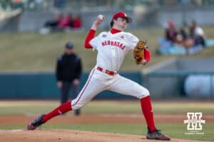 Nebraska Cornhusker pitcher Carson Jasa (39) throws a pitch in the first inning against the Wichita St. Shockers during a college baseball game Tuesday, March 11, 2025 in Lincoln, Nebraska. Photo by John S. Peterson.