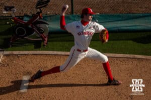 Nebraska Cornhusker pitcher Carson Jasa (39) warms up before taking on Wichita St. Shockers during a college baseball game Tuesday, March 11, 2025 in Lincoln, Nebraska. Photo by John S. Peterson.