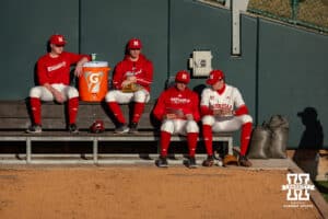 Nebraska Cornhusker pitcher Carson Jasa (39), starting pitcher, on the right, talks with assistant coach Rob Childress before taking on Wichita St. Shockers during a college baseball game Tuesday, March 11, 2025 in Lincoln, Nebraska. Photo by John S. Peterson.