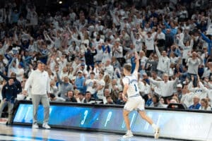 Creighton Bluejays Steven Ashworth celebrates a three during a college basketball game against Butler on March 8th, 2025 in Omaha Nebraska. Photo by Brandon Tiedemann.