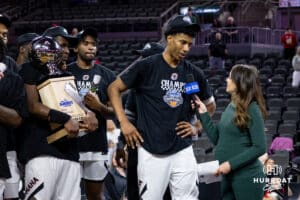 Omaha Maverick forward Marquel Sutton (10) is being interviewed after awarded MVP for the tournament after the win over St. Thomas Tommies during the Summit League Tournament Sunday, March 9, 2025 in Sioux Falls, South Dakota. Photo by John S. Peterson.