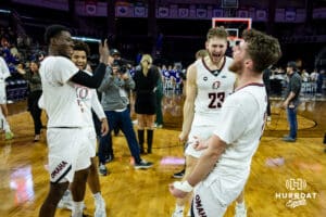 Omaha Mavericks celebrates the win over St. Thomas Tommies during the Summit League Tournament Finals Sunday, March 9, 2025 in Sioux Falls, South Dakota. Photo by John S. Peterson.