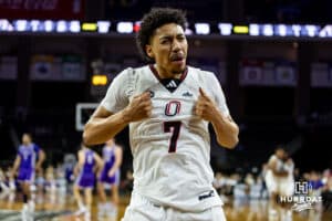 Omaha Maverick guard Lance Waddles (7) celebrates the win over the St. Thomas Tommies during the Summit League Tournament Finals Sunday, March 9, 2025 in Sioux Falls, South Dakota. Photo by John S. Peterson.