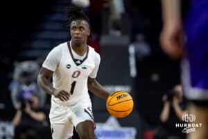 Omaha Maverick guard JJ White (1) dribbles the ball down the court against the St. Thomas Tommies in the second half during the Summit League Tournament Finals Sunday, March 9, 2025 in Sioux Falls, South Dakota. Photo by John S. Peterson.