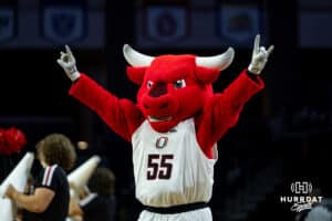 Omaha Mavericks mascot Durango entertains the fans at a break in the action against the St. Thomas Tommies during the Summit League Tournament Finals Sunday, March 9, 2025 in Sioux Falls, South Dakota. Photo by John S. Peterson.
