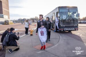 Omaha Maverick guard Tony Osburn (32) arrives at the arena to take on the St. Thomas Tommies during the Summit League Tournament Finals Sunday, March 9, 2025 in Sioux Falls, South Dakota. Photo by John S. Peterson.