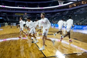 Omaha Mavericks warm-up beofre taking on the St. Thomas Tommies during the Summit League Tournament Finals Sunday, March 9, 2025 in Sioux Falls, South Dakota. Photo by John S. Peterson.