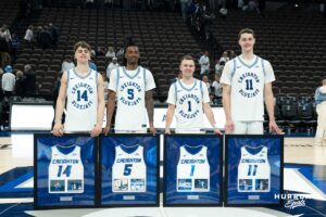 Creighton Bluejays senior class after a college basketball game against Butler on March 8th, 2025 in Omaha Nebraska. Photo by Brandon Tiedemann.