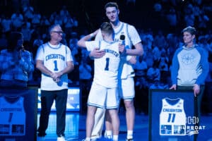 Creighton Bluejays Ryan Kalkbrenner and Steven Ashworth hug after a college basketball game against Butler on March 8th, 2025 in Omaha Nebraska. Photo by Brandon Tiedemann.