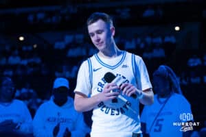 Creighton Bluejays Steven Ashworth cries during his speech after a college basketball game against Butler on March 8th, 2025 in Omaha Nebraska. Photo by Brandon Tiedemann.