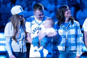 Creighton Bluejays Steven Ashworth and family after a college basketball game against Butler on March 8th, 2025 in Omaha Nebraska. Photo by Brandon Tiedemann.