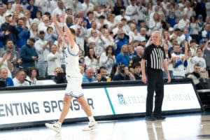 Creighton Bluejays Steven Ashworth checks out during a college basketball game against Butler on March 8th, 2025 in Omaha Nebraska. Photo by Brandon Tiedemann.