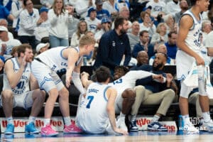 Creighton Bluejays bench celebrates during a college basketball game against Butler on March 8th, 2025 in Omaha Nebraska. Photo by Brandon Tiedemann.