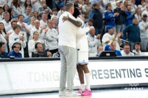 Creighton Bluejays Greg McDermott hugs senior Jamiya Neal during a college basketball game against Butler on March 8th, 2025 in Omaha Nebraska. Photo by Brandon Tiedemann.