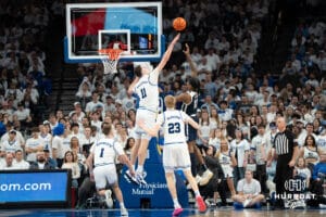 Creighton Bluejays Ryan Kalkbrenner blocks a shot during a college basketball game against Butler on March 8th, 2025 in Omaha Nebraska. Photo by Brandon Tiedemann.
