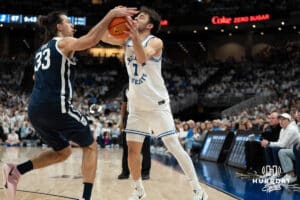 Creighton Bluejays Fedor Žugić gets fouled during a college basketball game against Butler on March 8th, 2025 in Omaha Nebraska. Photo by Brandon Tiedemann.