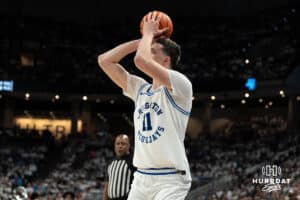 Creighton Bluejays Ryan Kalkbrenner shoots a three during a college basketball game against Butler on March 8th, 2025 in Omaha Nebraska. Photo by Brandon Tiedemann.