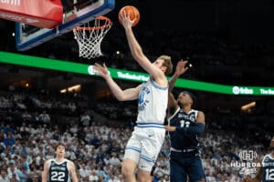 Creighton Bluejays Isaac Traudt makes a lay up during a college basketball game against Butler on March 8th, 2025 in Omaha Nebraska. Photo by Brandon Tiedemann.