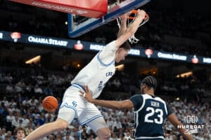 Creighton Bluejays Ryan Kalkbrenner after a dunk during a college basketball game against Butler on March 8th, 2025 in Omaha Nebraska. Photo by Brandon Tiedemann.