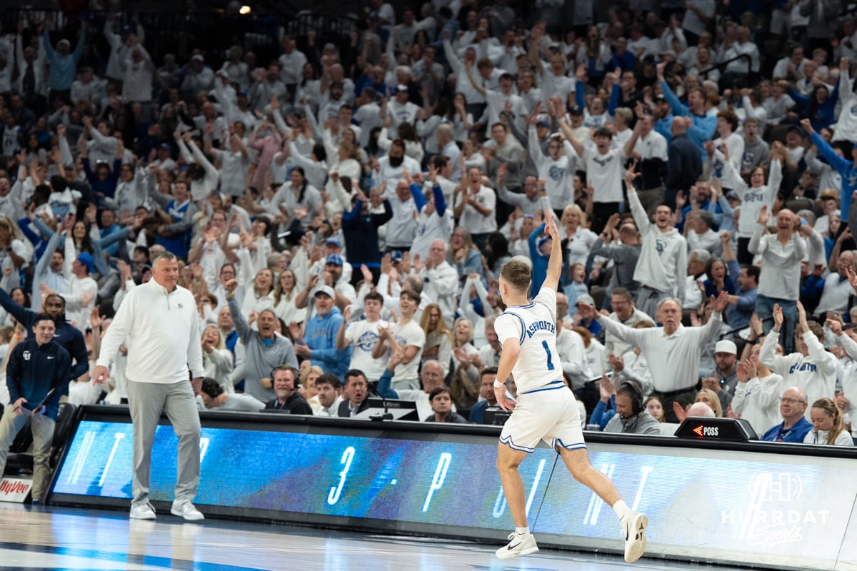 Creighton Bluejays Steven Ashworth celebrates a three during a college basketball game against Butler on March 8th, 2025 in Omaha Nebraska. Photo by Brandon Tiedemann.
