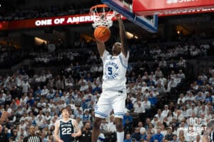 Creighton Bluejays Jamiya Neal dunks during a college basketball game against Butler on March 8th, 2025 in Omaha Nebraska. Photo by Brandon Tiedemann.