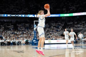 Creighton Bluejays Jackson McAndrew shoots a three during a college basketball game against Butler on March 8th, 2025 in Omaha Nebraska. Photo by Brandon Tiedemann.