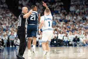 Creighton Bluejays Steven Ashworth celebrates a three during a college basketball game against Butler on March 8th, 2025 in Omaha Nebraska. Photo by Brandon Tiedemann.