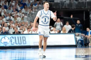 Creighton Bluejays Steven Ashworth celebrates a three during a college basketball game against Butler on March 8th, 2025 in Omaha Nebraska. Photo by Brandon Tiedemann.