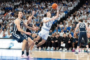 Creighton Bluejays Steven Ashworth looks to pass during a college basketball game against Butler on March 8th, 2025 in Omaha Nebraska. Photo by Brandon Tiedemann.