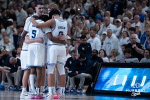Creighton Bluejays huddle before a college basketball game against Butler on March 8th, 2025 in Omaha Nebraska. Photo by Brandon Tiedemann.