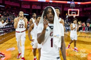 Nebraska-Omaha Maverick guard JJ White (1) heads to the locker room after the win over the South Dakota Coyotes during the Summit League Tournament Saturday, March 8, 2025 in Sioux Falls, South Dakota. Photo by John S. Peterson.