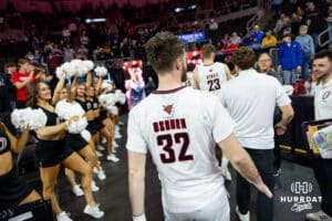 Nebraska-Omaha Maverick guard Tony Osburn (32) heads to the locker room after the win over the South Dakota Coyotes during the Summit League Tournament Saturday, March 8, 2025 in Sioux Falls, South Dakota. Photo by John S. Peterson.