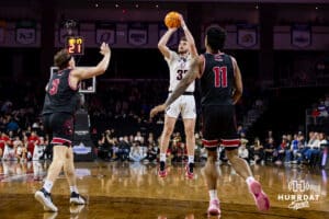 Nebraska-Omaha Mavericks guard Tony Osburn (32) makes a three-point shot against the South Dakota Coyotes in the second half during the Summit League Tournament Saturday, March 8, 2025 in Sioux Falls, South Dakota. Photo by John S. Peterson.