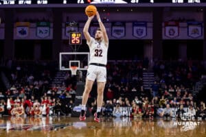 Nebraska-Omaha Mavericks guard Tony Osburn (32) makes a three-point shot against the South Dakota Coyotes in the second half during the Summit League Tournament Saturday, March 8, 2025 in Sioux Falls, South Dakota. Photo by John S. Peterson.
